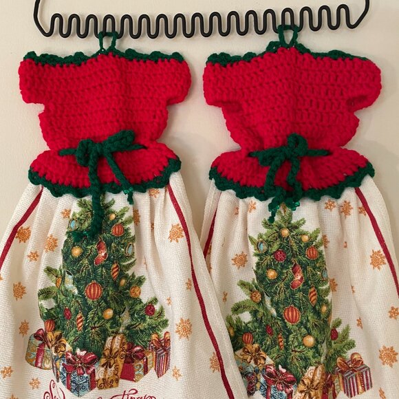 Crochet Tea Towel, Dress Tea Towel, Christmas Decor Towel, Hanging Dish Towels - Picture 2 of 10